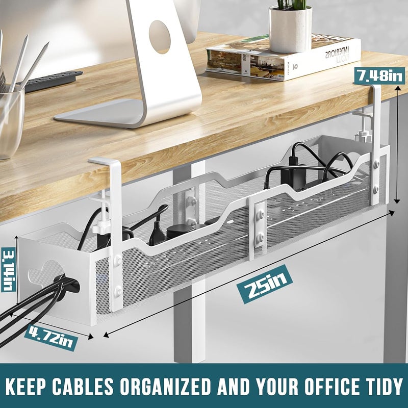 Litwaro Under Desk Cable Management Tray White, Cable Management Under Desk No Drill, 25'' Cable Tray with Clamp for Wire Management, Cord Organizer for Office, Home - No Damage to Table - Image 4